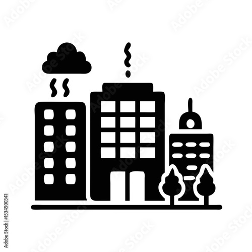 City skyline on a rainy day with industrial activity portrayed in black and white silhouette icon