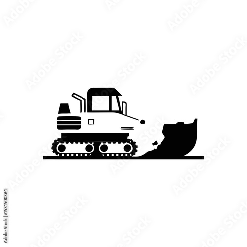 Black and white vector vector of a bulldozer at work pushing soil silhouette icon