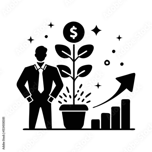 Conceptual vector of business growth with a monetary tree and graph silhouette icon