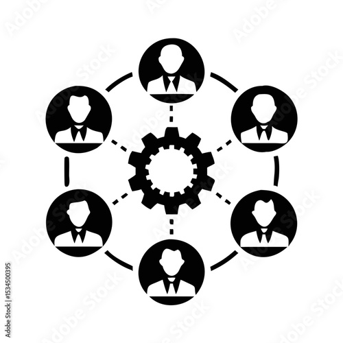 Teamwork and collaboration concept showcasing connected people and a central gear silhouette icon