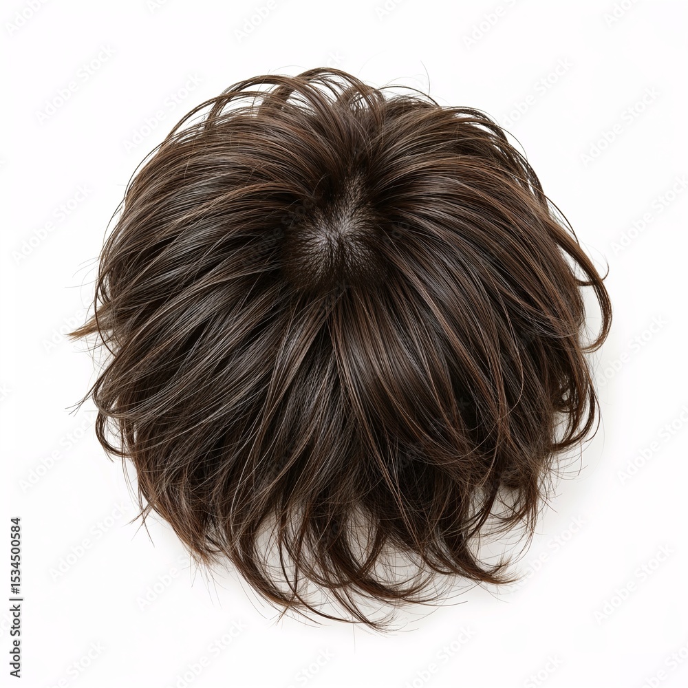 Naklejka premium Brunette dark hair top view over white background, mockup template, no shadow