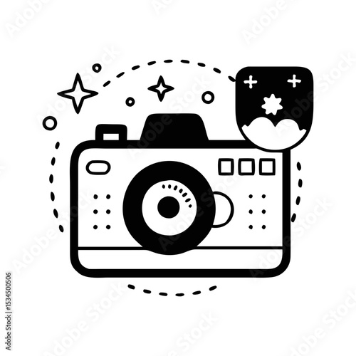 Stylized camera with a dreamy filter overlay and magical star accents silhouette icon