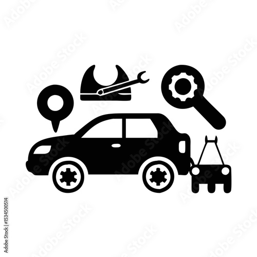 Roadside Assistance and Auto Repair Services Location Map Wrench Gear Car Tow Truck silhouette icon