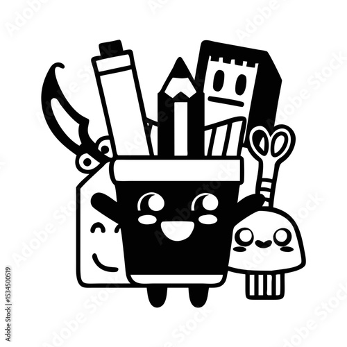 Monochrome vector of a Kawaii School Supplies Character with an Upbeat Vibe silhouette icon