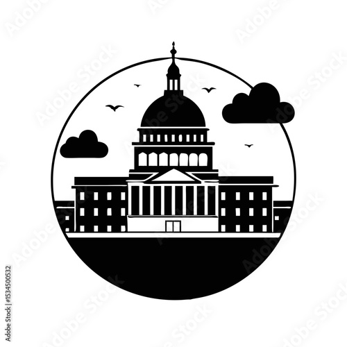 United States Capitol Building Silhouette Emblem within Circle with Birds Clouds silhouette icon