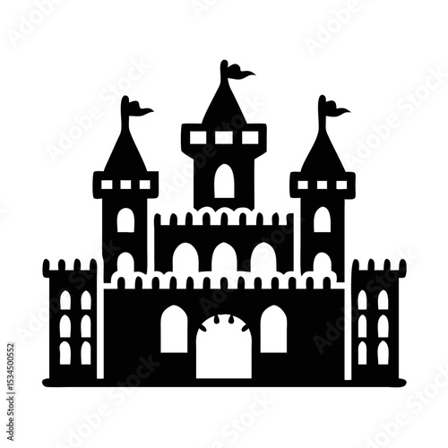 Silhouette of a classic medieval castle with flags and towers on white silhouette icon