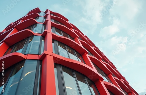 Modern architecture building in Zaragoza. Bold red facade, eye-catching design, futuristic look. Glass windows reflect blue sky. Geometric shapes, curves and lines create unique pattern.