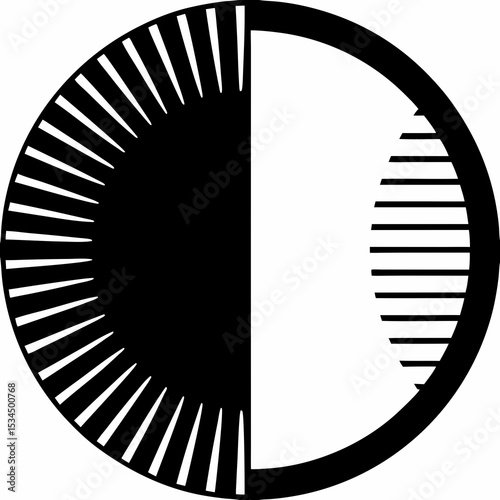 Monochrome split-circle design: upper half solid, lower half composed of radiating vertical lines, seamless blend at horizon, editable vector fill
