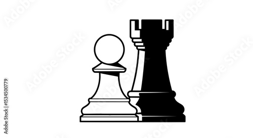 Chess Pieces Illustration - Strategic Game Pawns and Rook in Black and White
