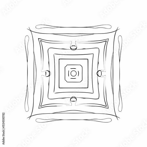 Rectangular maze structure with concentric square paths and subtle gaps, stylized in line art, symmetrical from all four sides, thick mono lines

