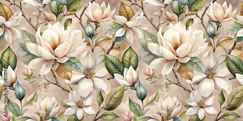 Beautiful floral pattern featuring soft magnolia flowers and lush green leaves.