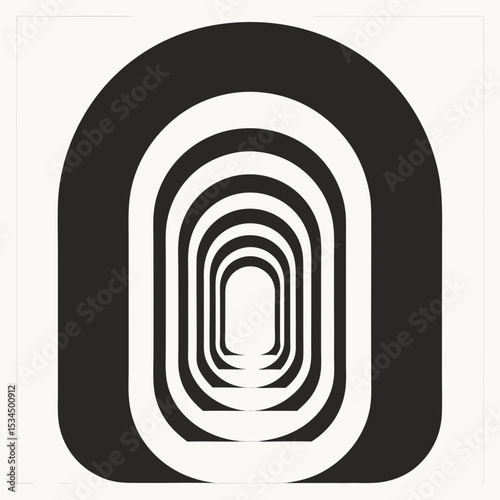 Abstract vertical tunnel shape made with concentric elongated ovals, slight gap between each stroke, black line art with smooth curve symmetry, isolated on off-white

