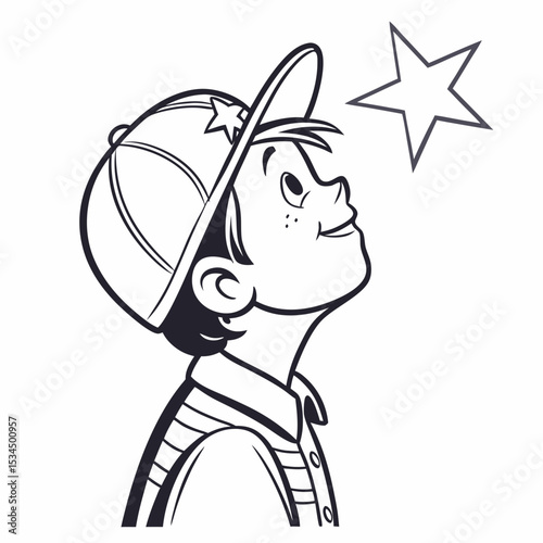 Black and white illustration of a cheerful boy looking up at a star, whimsical and playful design, childhood theme
