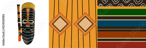 African-inspired art featuring a decorative mask and geometric patterns, vibrant colors, cultural theme