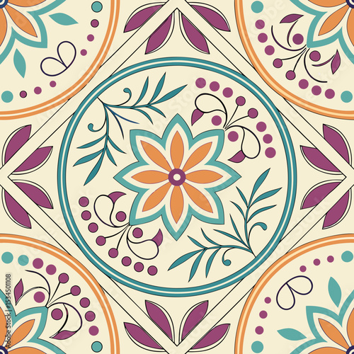 Colorful floral pattern with intricate designs, decorative motif, vibrant and harmonious color scheme