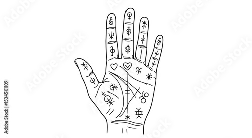 Hand with astrology symbols and lines drawn in minimalist style  