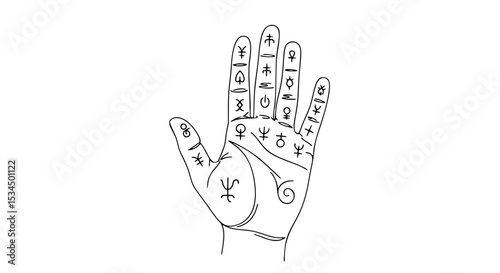 Hand with astrological symbols and palmistry markings outlined  