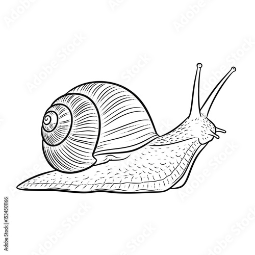 Detailed illustration of a snail in black and white  
