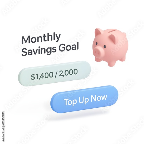 3D isometric illustration of a monthly savings tracker with a progress bar, piggy bank icon, and a glowing “Top Up Now” button. 