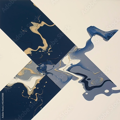Fluid Indigo Ripple Slices × Matte Ochre Triangles: Pearl Grey Base with 75% Negative Space, Flat Liquid Abstraction Zero-Projection System 