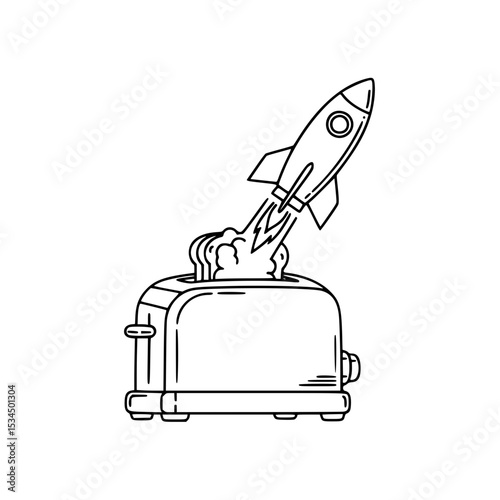 Cartoon rocket launching from toaster with smoke in black and white  