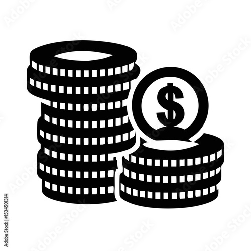 Black and white vector of stacks of coins with dollar sign silhouette icon