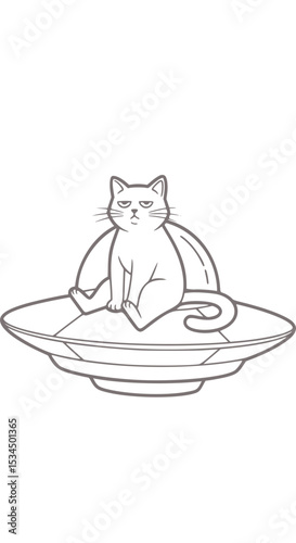 Cat sitting on a flying saucer in a minimalist illustration  