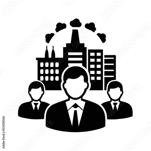 Corporate team leading industrial development and growth with environmental impact silhouette icon