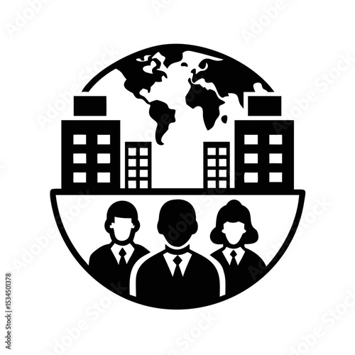 Global business team with world map background building infrastructure and representation silhouette icon