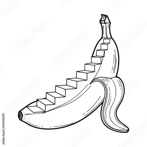 Banana with stair design in black and white illustration