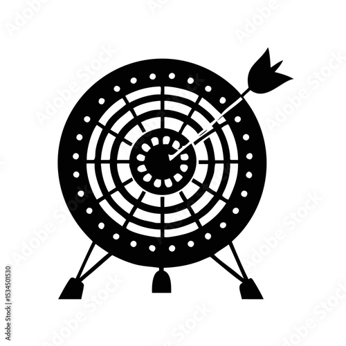 Simple graphic vector of a bullseye target with an arrow hitting it silhouette icon