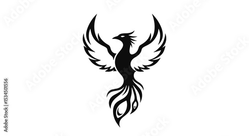 Black phoenix silhouette with spread wings and flame details  