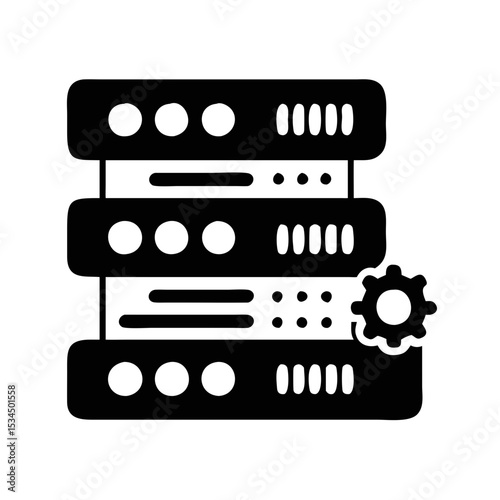 Stacked server rack with configuration gear illustrating data management and IT infrastructure silhouette icon