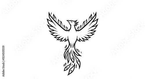Phoenix bird illustration in black and white line art style  