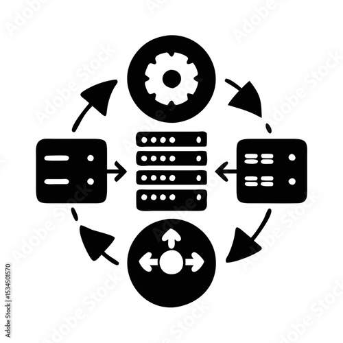 Black and white vector of data workflow and server communication process silhouette icon