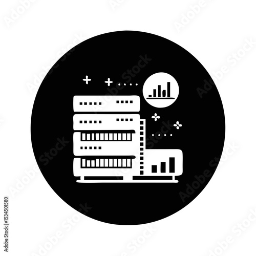 Server rack with data analysis metrics in black circular background vector silhouette icon
