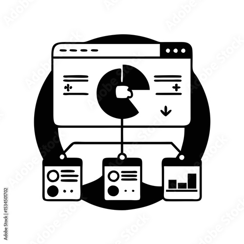 Data analytics and information connection with multiple sources on a webpage design silhouette icon