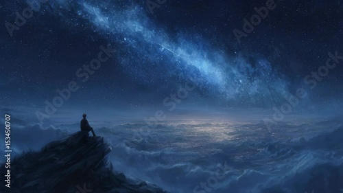 Stargazer sitting on cliff observing night sky filled with stars over serene sea