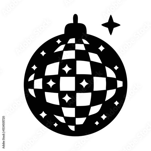 Black and white disco ball with star in simplistic graphic style silhouette icon