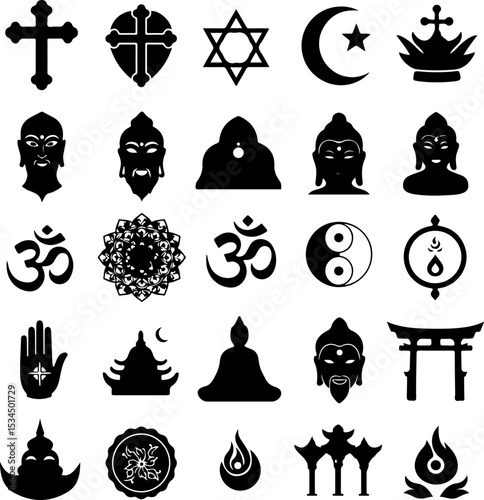 Diverse Collection of Spiritual and Cultural Symbols in a Flat Design