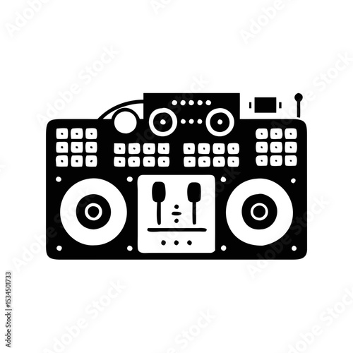 A stylized black and white graphic of a vintage DJ mixer silhouette icon