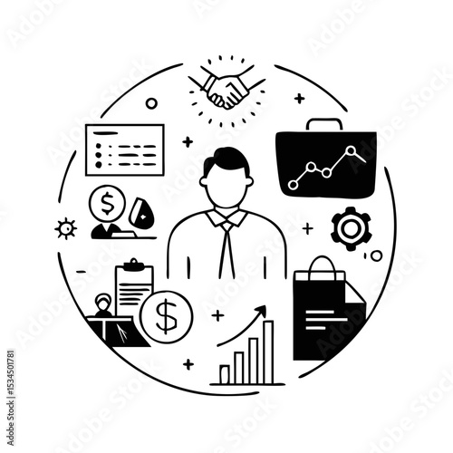 Business management and corporate strategy success icon with multiple aspects considered, circular silhouette icon