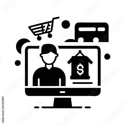 Online shopping concept displayed on a computer monitor with related elements silhouette icon