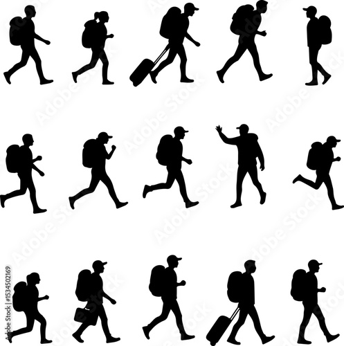 Diverse Travelers on the Move: Silhouette Set of Hiking and Trekking People