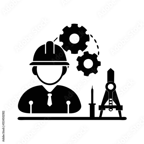 A skilled engineer overseeing mechanical design with gears and drafting tools silhouette icon