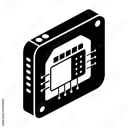 Isometric representation of a microchip with circuits and connection points silhouette icon