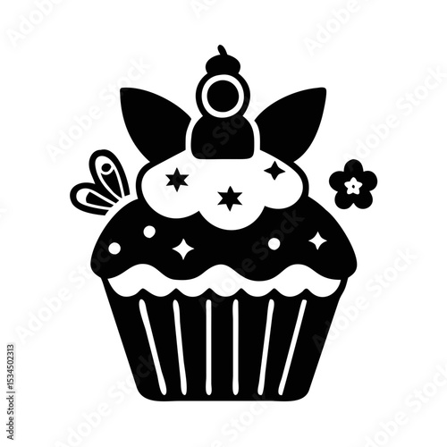 Stylized cupcake with decorative elements in a simple black and white vector silhouette icon