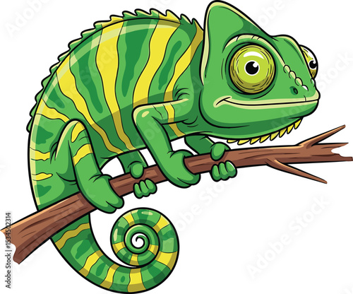 Green Chameleon with Yellow Stripes on Branch Cartoon Illustration