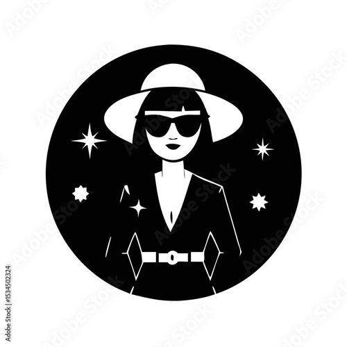 Glamorous woman in black with a hat and sunglasses, fashion icon silhouette icon