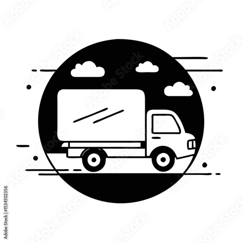 Stylized delivery truck with sky elements and circular graphic design silhouette icon